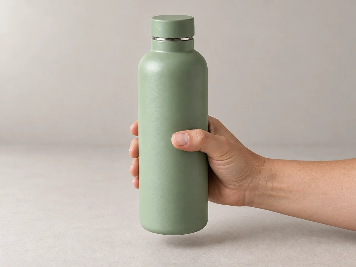 Größenvergleich der Flasche in einer Hand.