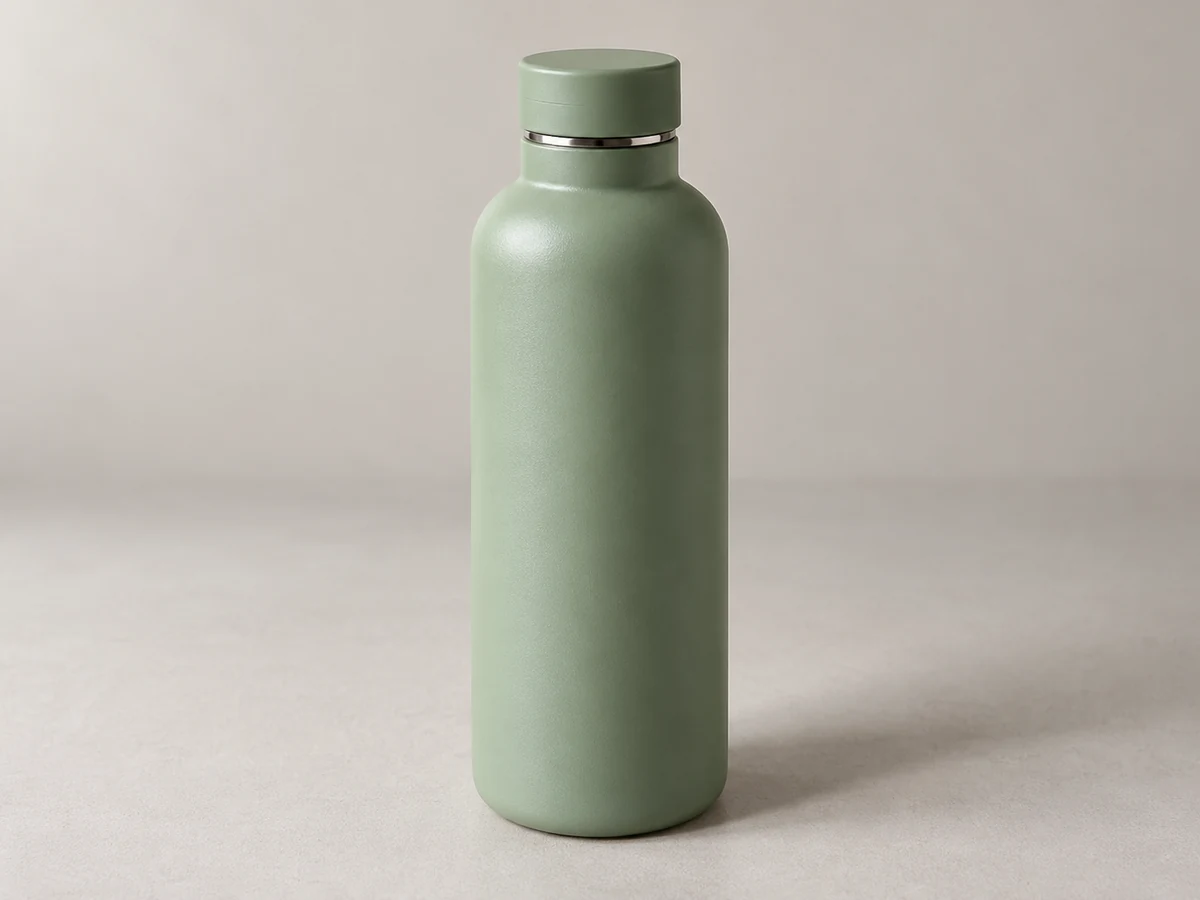 Gesamtansicht einer grünen Flasche.
